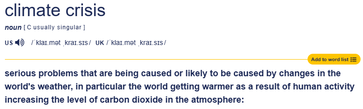 Verbete "climate crisis" no Cambridge Dictionary