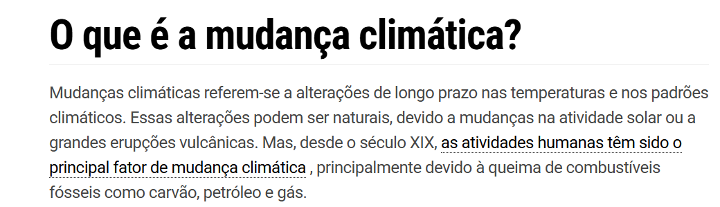 Abertura da página "O que é a mudança climática?" da ONU